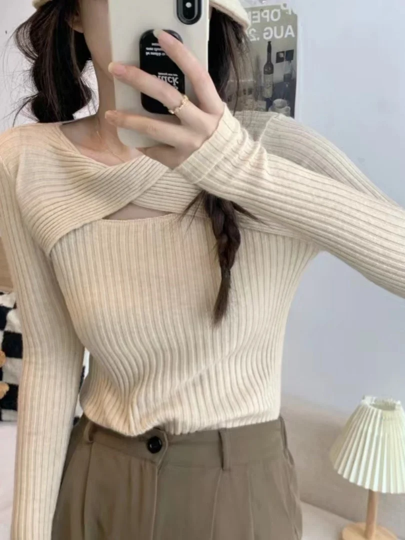 Хаки ажурный базовый слой вязаный свитер женский осенне-зимний приталенный длинный светящийся топ модный для похудения irt