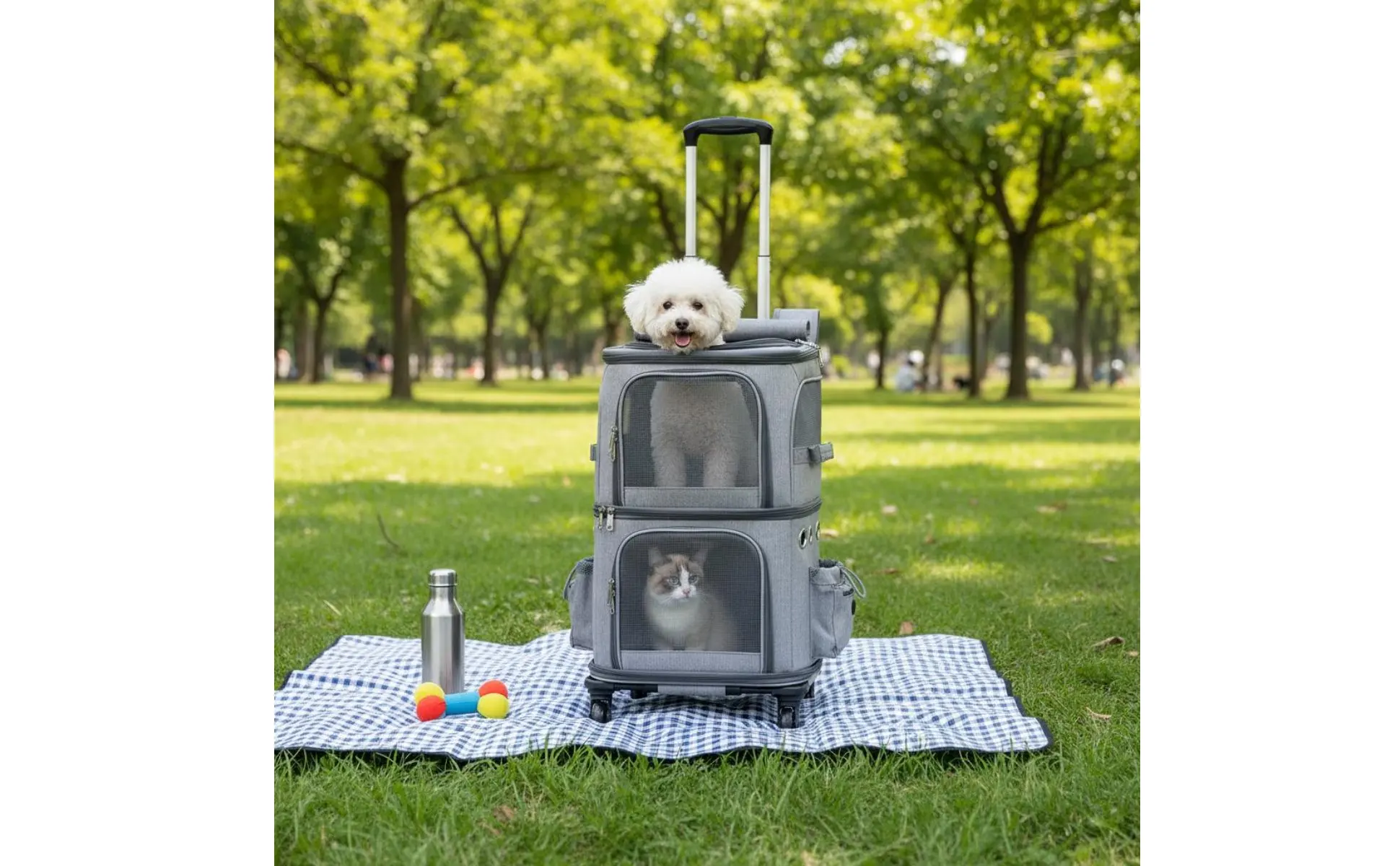 Double-Deck Pet Carrier Breathable Pet Trolley Bag Feline Travel Carrier Telescopic Handle Dog Travel Bag Portable for Vet Visit