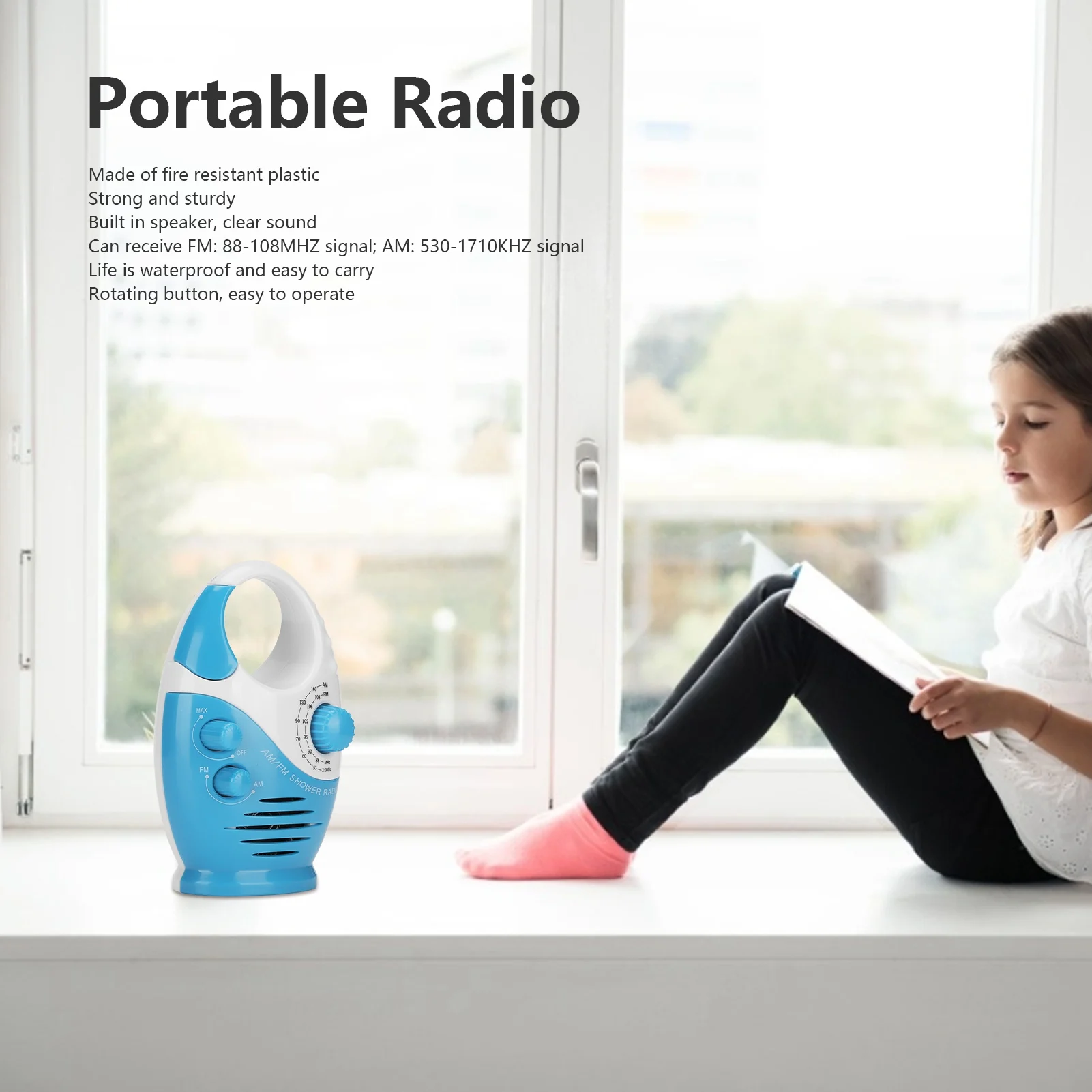 AM FM Portable Radio Portable Hook Type Waterproof Broadcast Music Shower Speaker Radio Blue