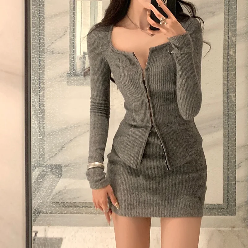 Ribbed Cardigan and Mini Skirt for Women, Square Neck, Hook and Eye, 2 Pieces Co-ord