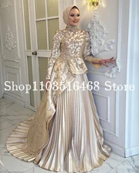 Premium Champagne Muslim Evening Gowns Sparkling Diamante Appliques Pleated Ruffles Custom Middle Eastern Bridal Gowns فساتين سه