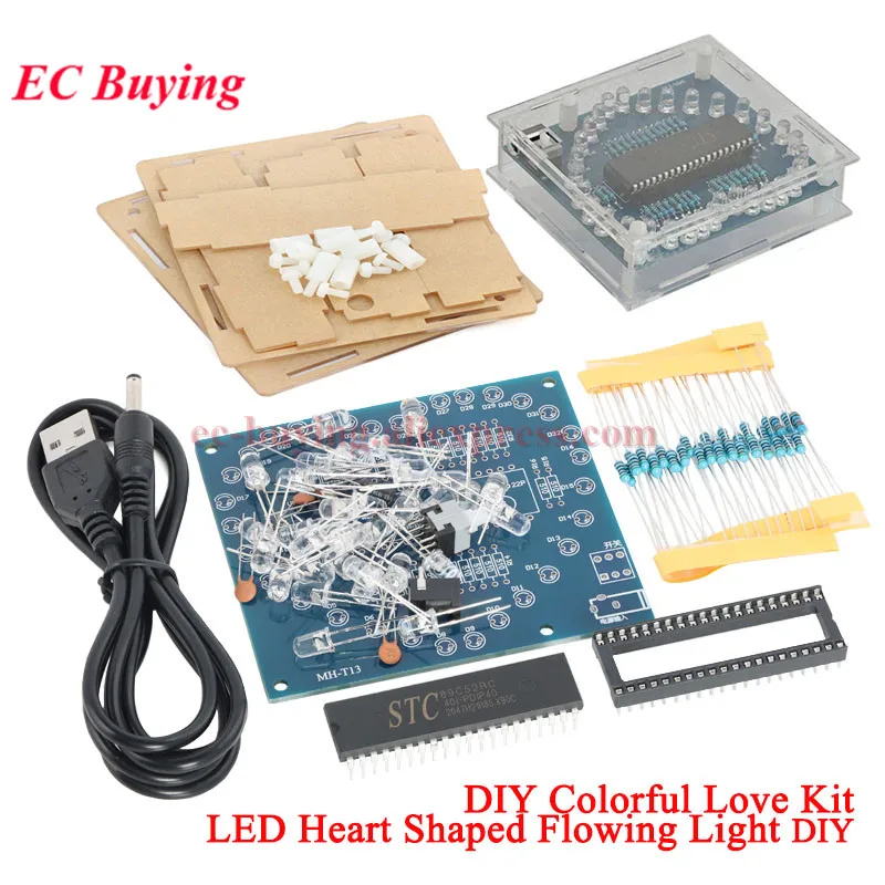 Colorful Dazzle 51 Single-Chip Microcomputer Heart-Shaped Water Lamp DIY Welding Practice Kit LED Love Electronic DIY Production