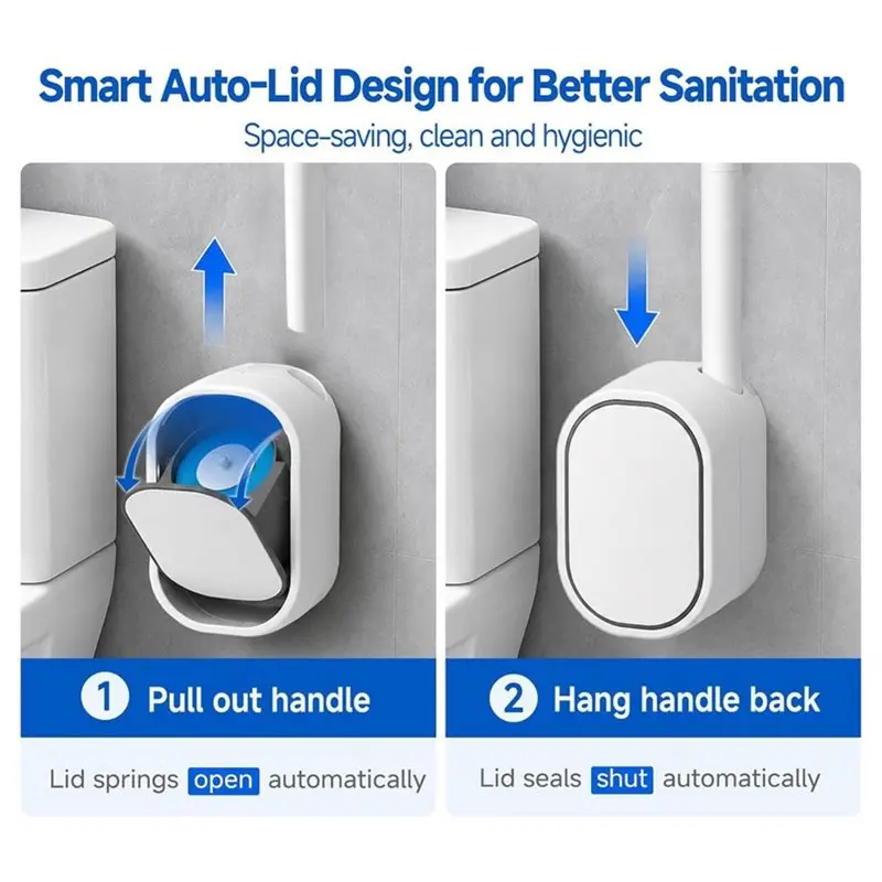 A96I-Auto-Lid Touch-Free Toilet Brush Kit With Holder 30 Refills, Wall-Mounted Disposable Wand Cleaning System