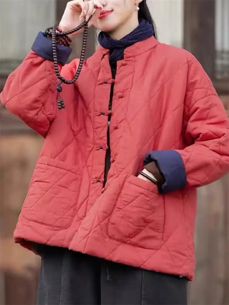 

Хлопковая куртка на пуговицах в китайском стиле для женщин, осень-зима, однотонное, легкое, с воротником-стойкой, короткое пальто a501