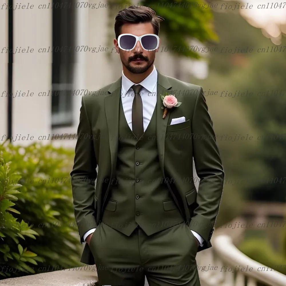

Army Green Men Suit Formal Occasion Wedding Party Groom Groomsman Business Male Tuxedos Customized 3 Piece Set Jacket Vest Pants