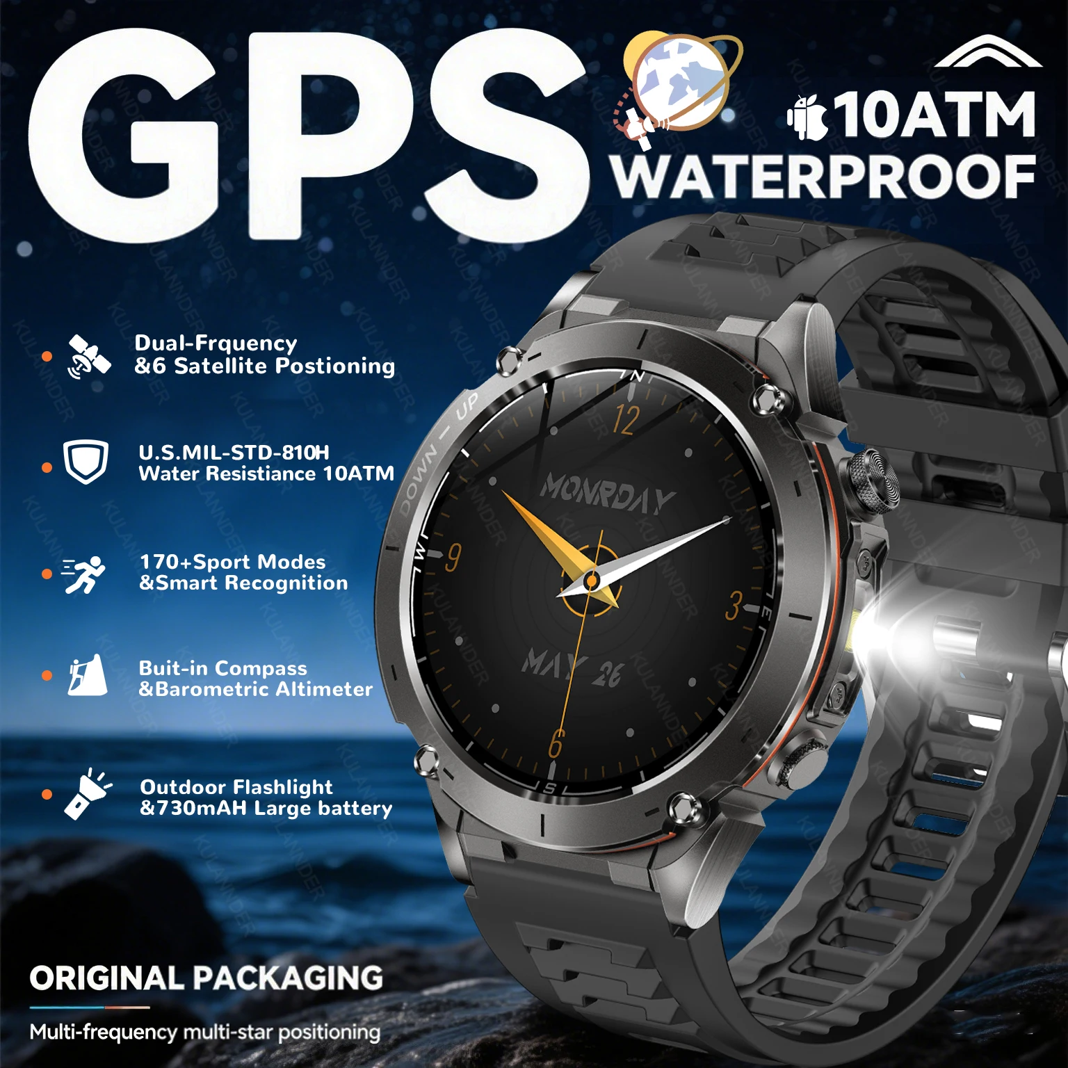 

2025 Новые GPS спортивные умные часы для мужчин 170 + спортивный режим 5ATM водонепроницаемый компас фонарик 730 мАч аккумулятор BT Call Smartwatch