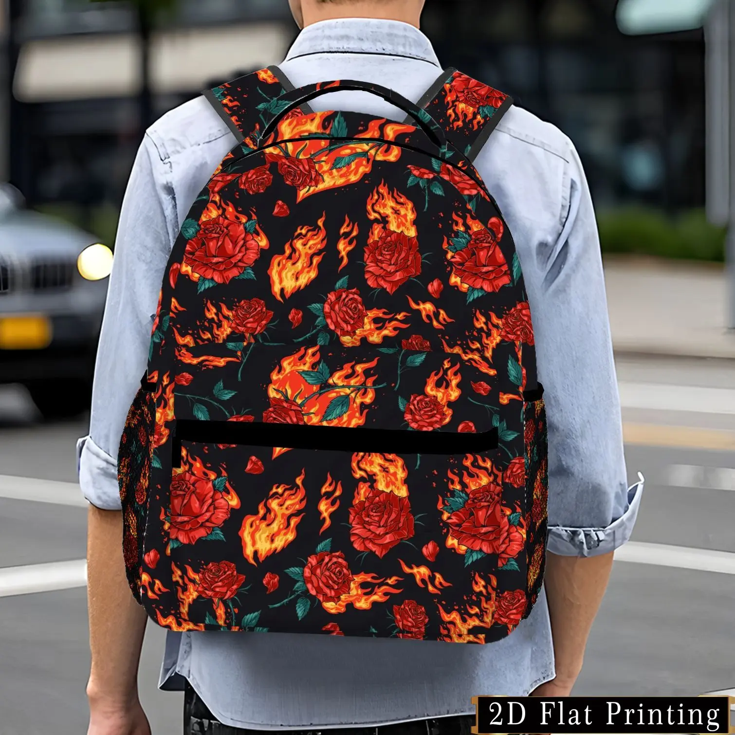 1pc Men's Red Rose Flame Print Hand-Washable Backpack Minimalist Casual Suitable for Commuting Camping Travel