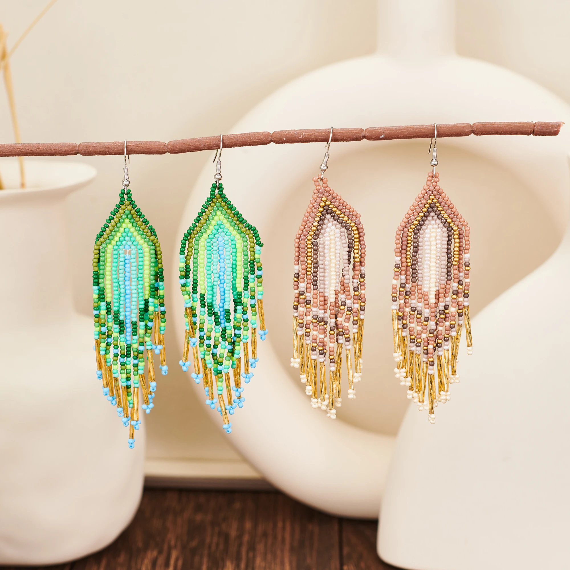 Bohemian style, hand-beaded tassel earrings
