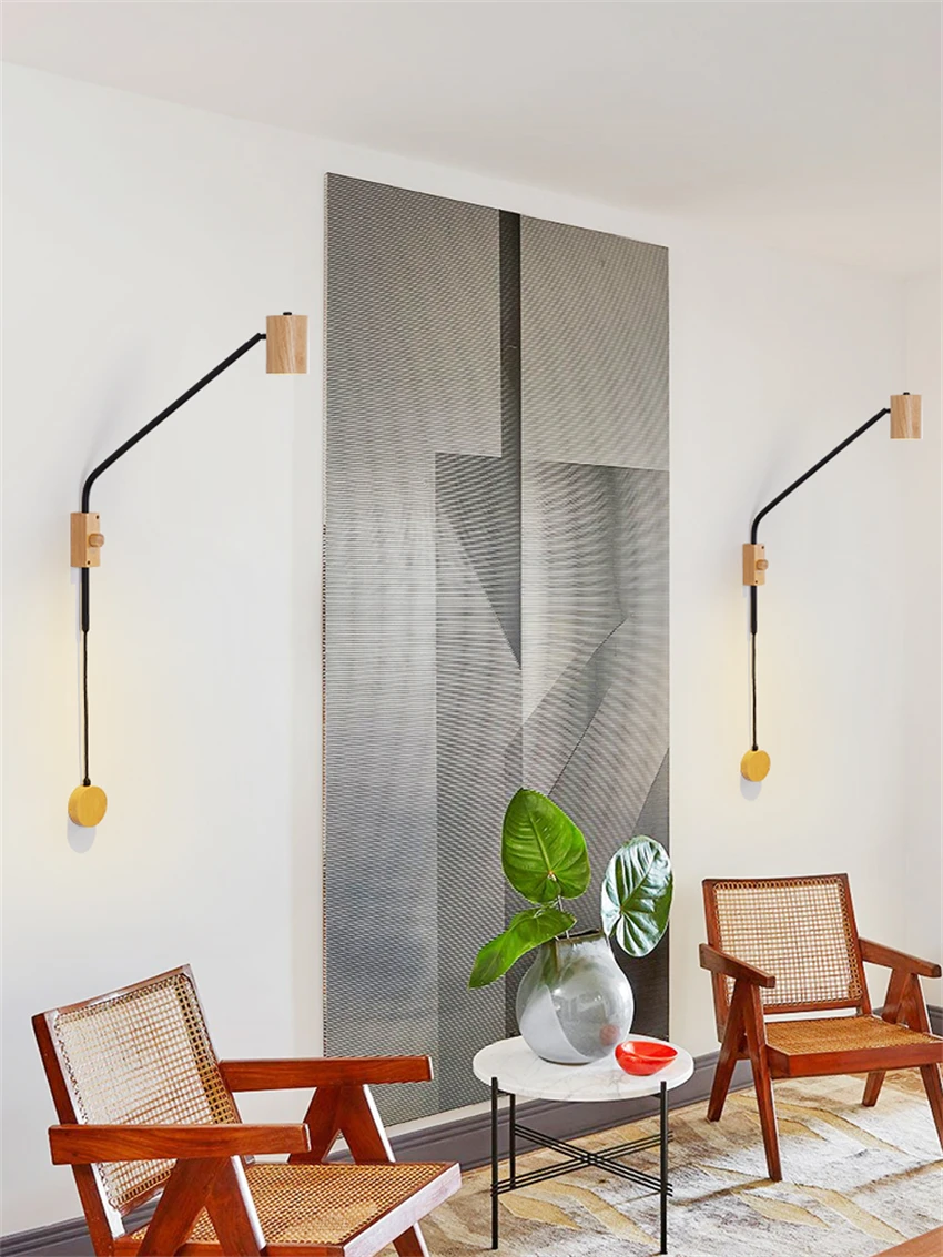 Nordic walnut rocker wood wall lamps bedroom bedside lamp study living room sofa long arm reading sconces lights decor fixtures