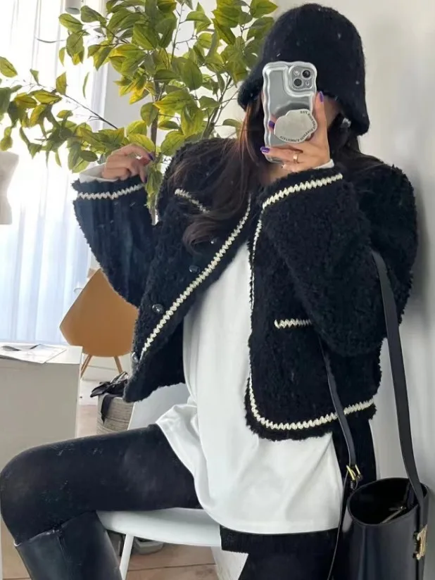 Chic dulce adorno Floral Color Blo piel Jaet mujer sensación de gama alta Plu piel cuero intercomado prendas de vestir exteriores coreano Sle