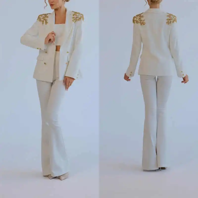 

Fashion Rhinestones Women Suit 2 Pieces Blazer Pants Double Breasted Ladies Formal Occasion Street Banquet Party Wear Customized