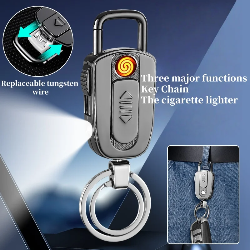 

Creative Three In One Multifunctional Keychain Tungsten Wire Lighter LED Lighting Type-C Fast Charging Outdoor Cigarette Lighter
