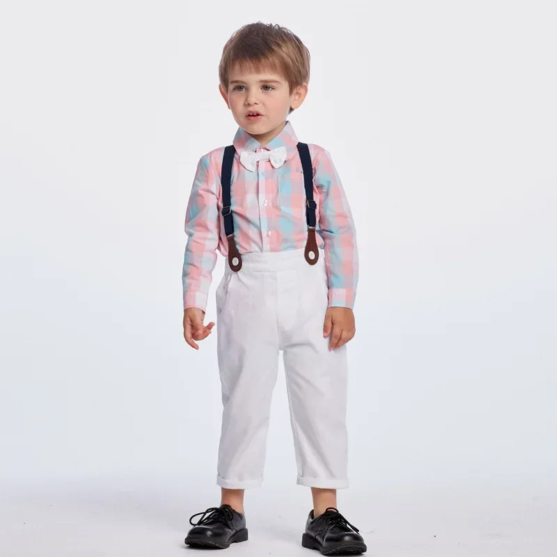 Instagram autumn childrens clothing men's plaid long sleeved necktie shirt and suspender pants childrens two-piece set 아기 코스프레