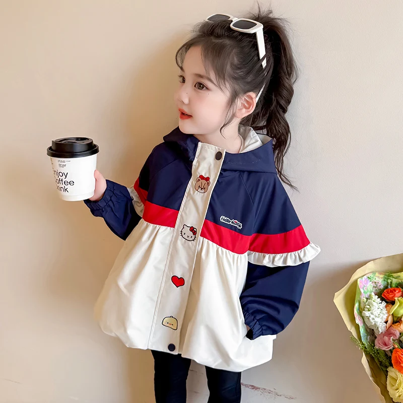 

Kawaii Sanrioed пальто «Hello Kitty» для девочек, детское весенне-осеннее новое пальто с капюшоном, куртка на молнии, модная повседневная куртка с милым бантом в стиле аниме