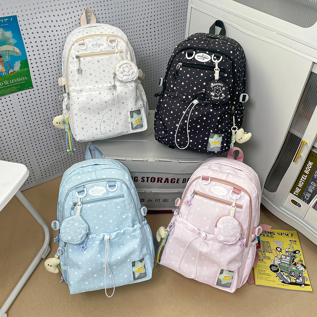 

RosyPosy Creamy Star Drawstring Backpack Casual Large Capacity Computer Storage Bag Dual-Shoulder Book Bag