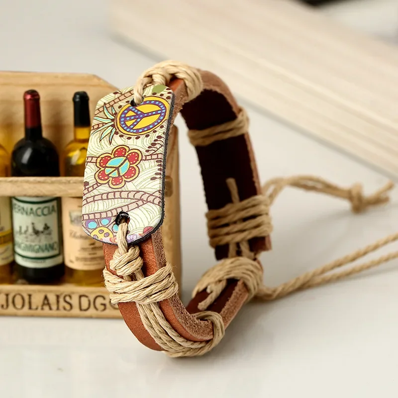 Vintage Style Hot Stamping Craft and Peace Logo Bracelet Hemp Rope Woven Brown Cowhide Popular Friendship Bracelets image 4