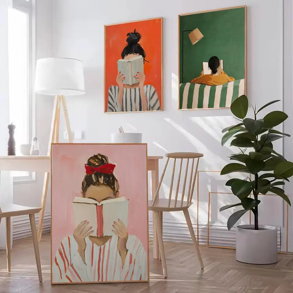 Reading Woman HD Wall Art Poster Book Illustration Feminine Cozy Abstract Portrait Art Orange Print Bedroom Living Room Decor