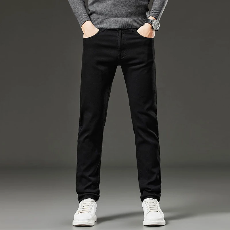 Men's autumn and winter hot jeans elastic small straight leg pants black gray micro elastic zipper fashionable versatile jeans