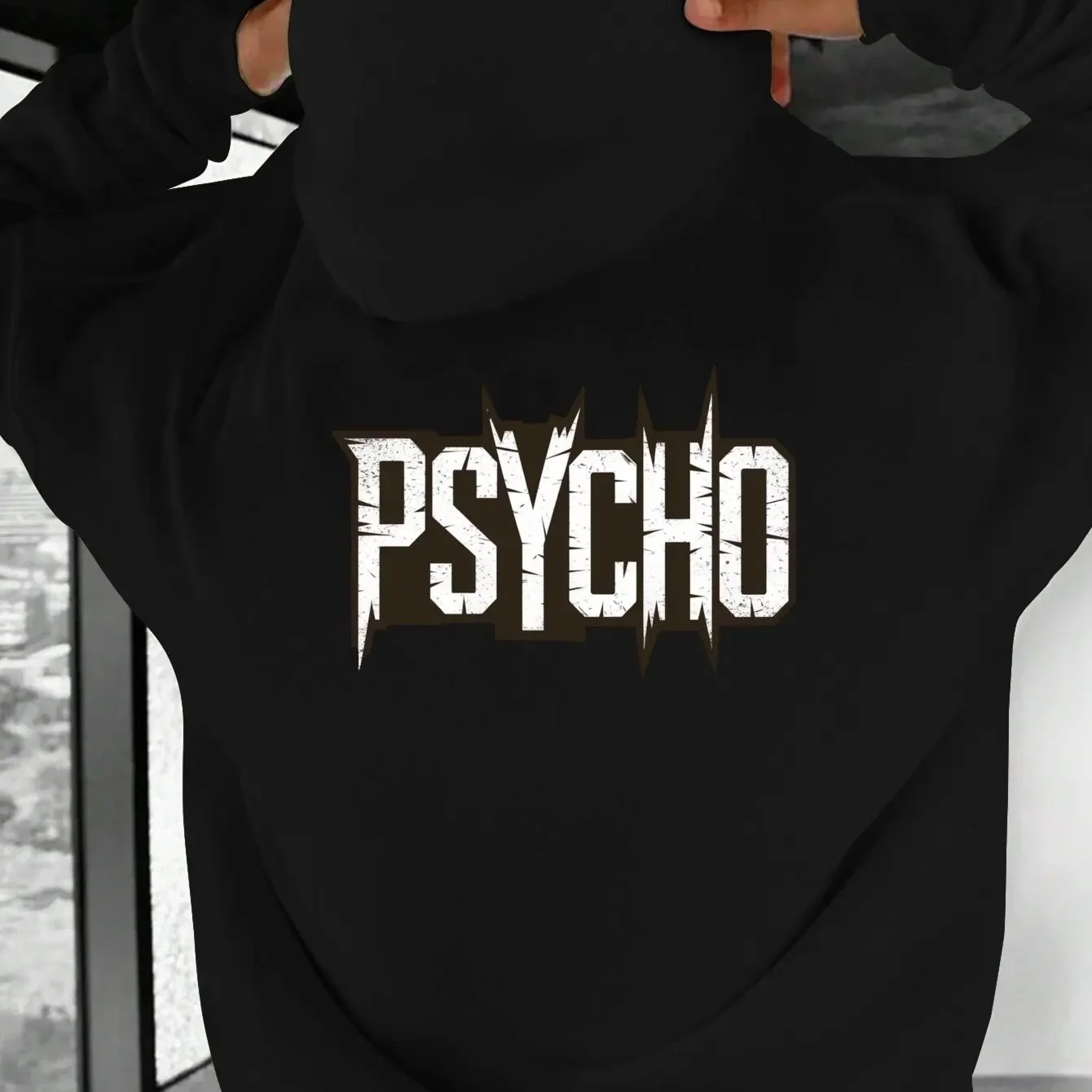 Distressed Sharp Psycho Letter Graphic Back Print Hoodie Punk Rock Street‑style Oversized Unisex Hooded Pullover
