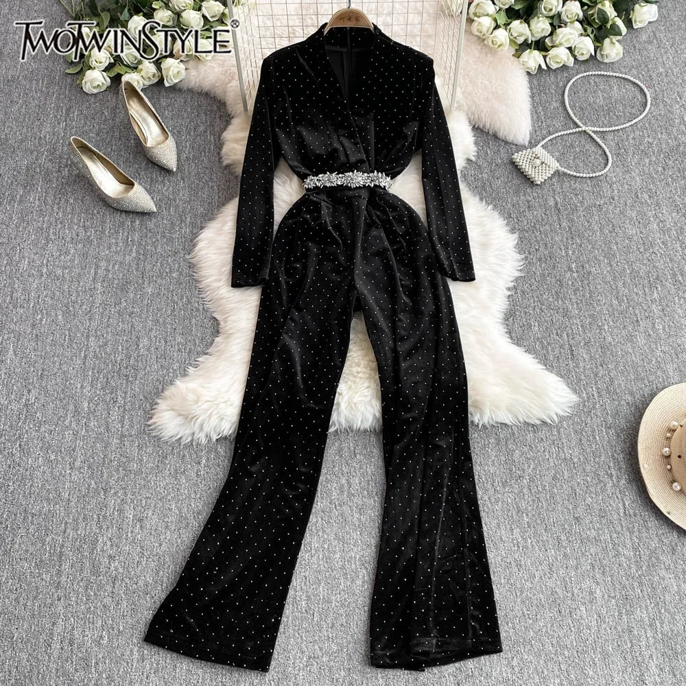 TWOTWINSTYLE Colorblock Fashion Jumpsuits For Women V Neck Long Sleeve Patchwork Diamonds Wide Leg Jumpsuits Female KJU523808