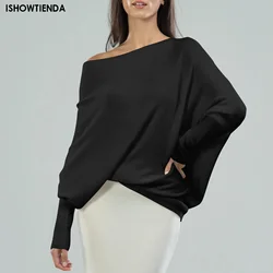 Maglioni lavorati a maglia da donna con scollo a barchetta Top Streetwear Manica lunga con spalle scoperte Pullover a costine Vestibilità ampia Maglioni causali