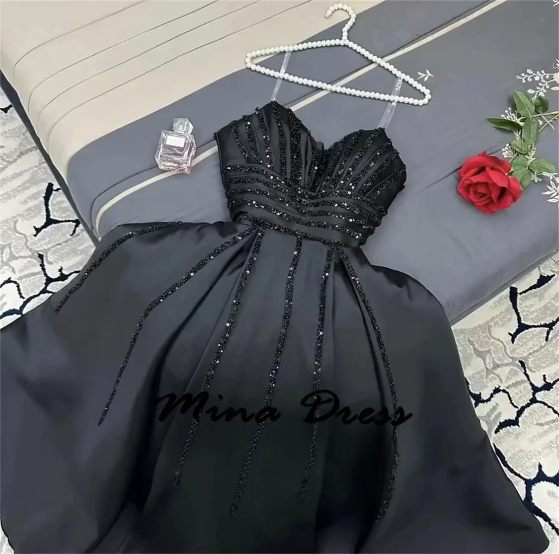 Mina customized Satin Luxurious Saudi Evening Dress Es Sequins Robe Soiree 2024 Black Special Occasion Formal Occasions Dresses