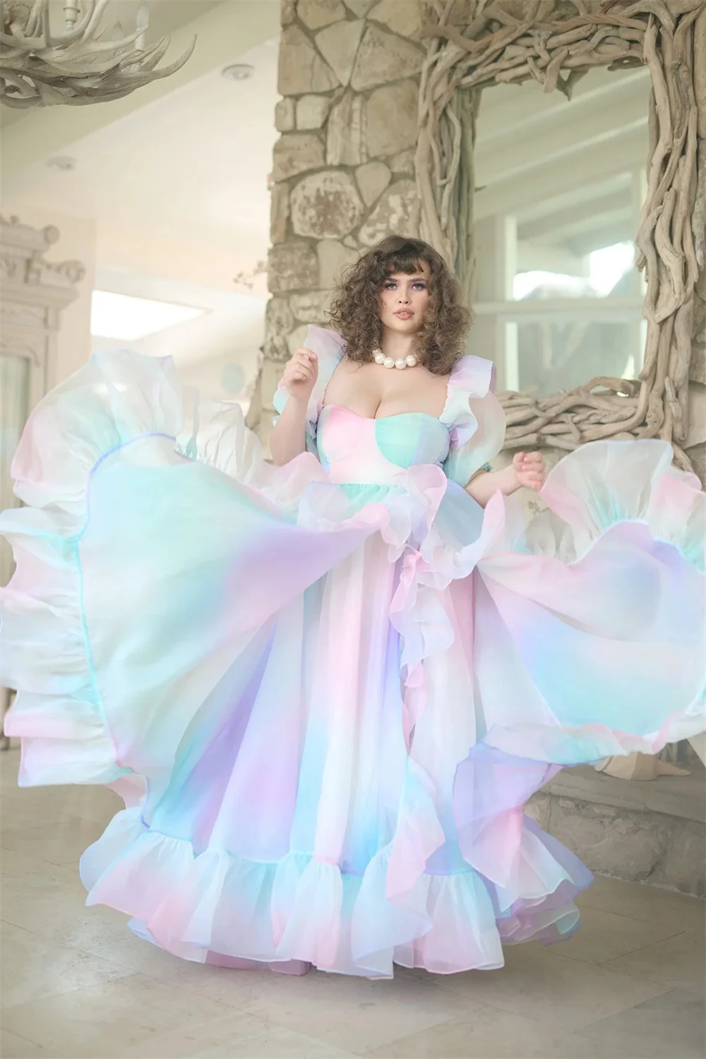 Amanda Customizd Square Collar Puff‑sleeve A‑line Ball gown Evening dress High Side Split Voluminous Dreamy Party dresses 2026