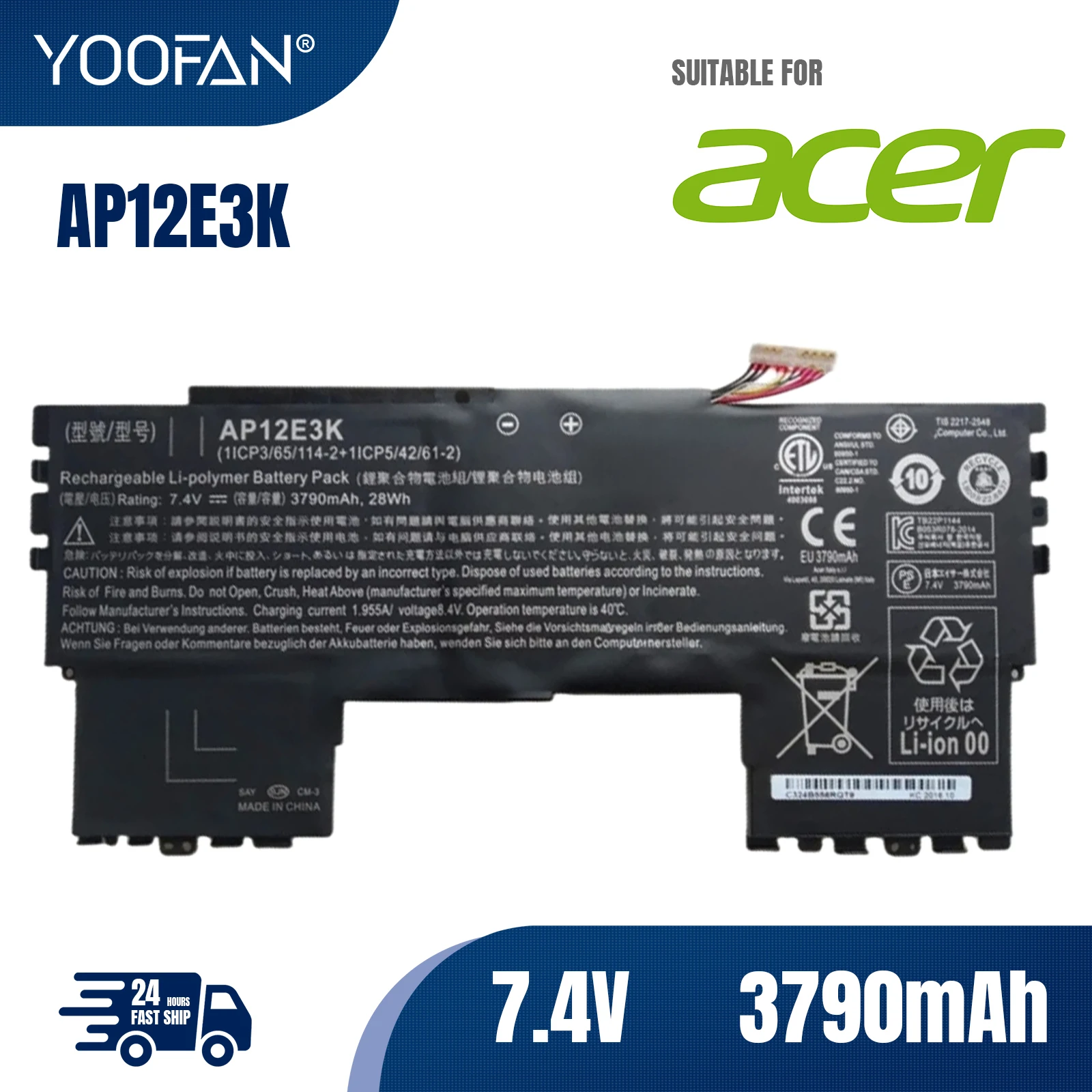 

YOOFAN AP12E3K 7.4V 3790mAh Laptop Battery for Acer Aspire S7 S7-191 11" Ultrabook 1/CP3/65/114-2 1/CP5/42/61-2