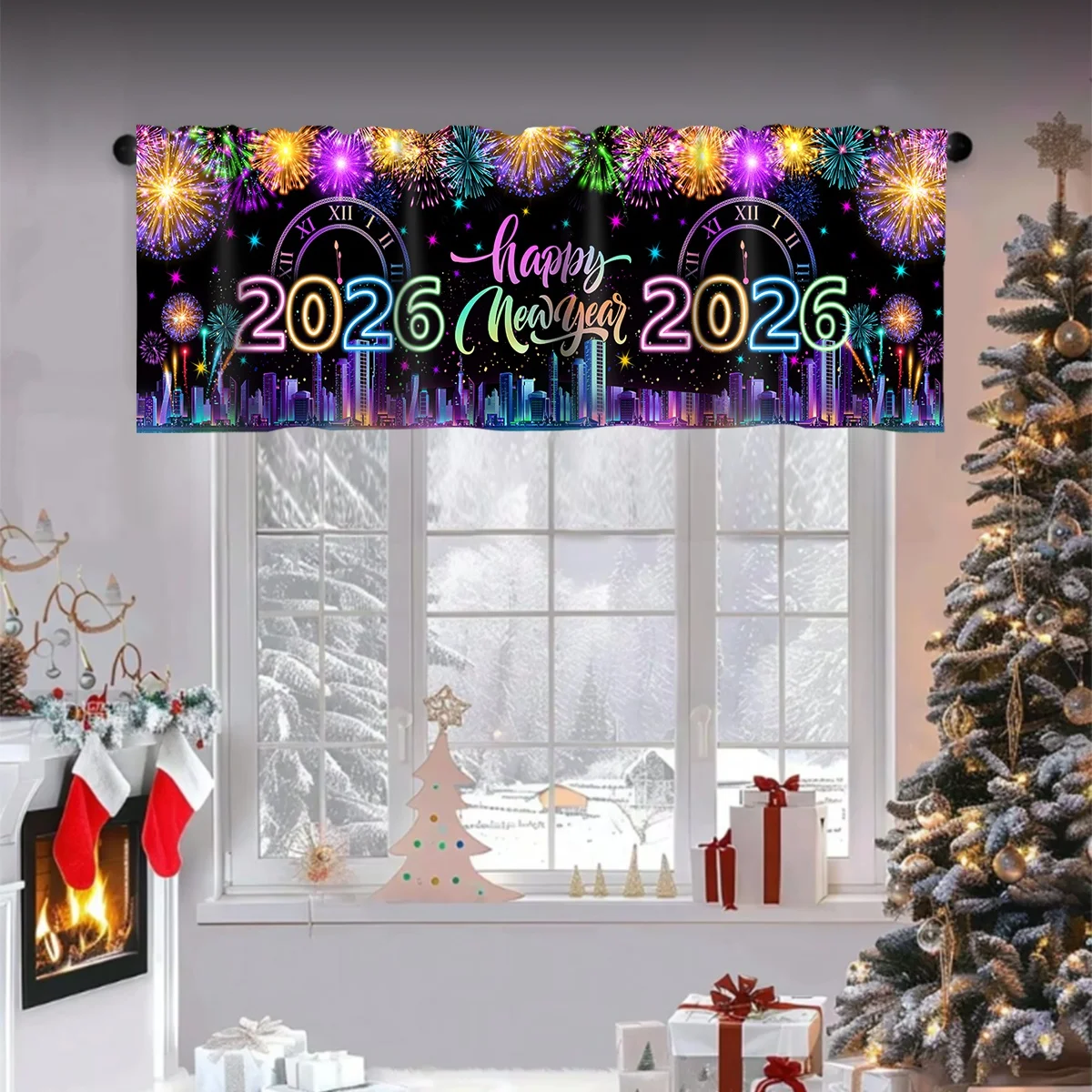 2026 سنة جديدة سعيدة ستائر قصيرة الستائر الألعاب النارية والبالونات علاجات النوافذ زينة السنة الجديدة للحمام المطبخ المنزلي #4