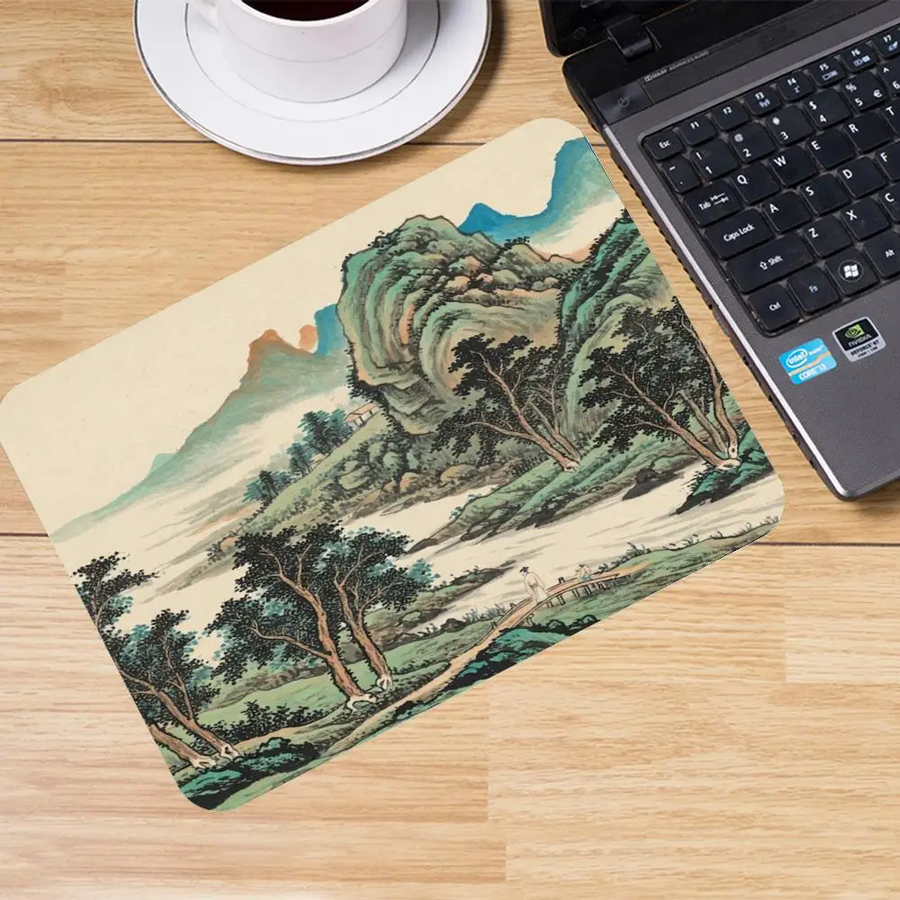 Mousepad Green Mountain River Pine Tree Oriental Landscape Playmat Large Size For Office Desktop Bedroom Learning Table Mat