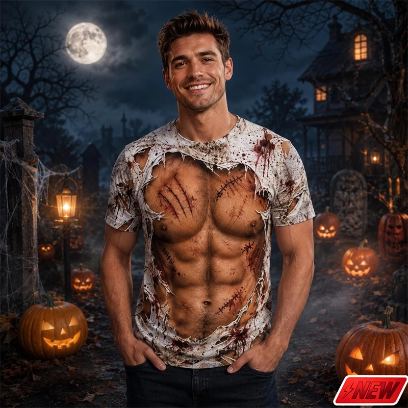 Halloween Zombie T Shirt Men 3D Print Torn Ripped Fake Muscle Abs Blood Graphic Short Sleeve Tee Quick Dry Cosplay Party Tops