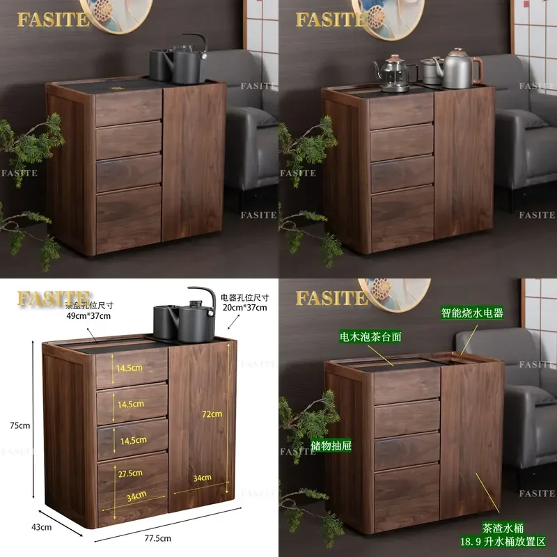 For North American Black Walnut Mobile Tea Cabinet Solid Wood Side Table with Bakelite Tray Boiling Water Station for Living
