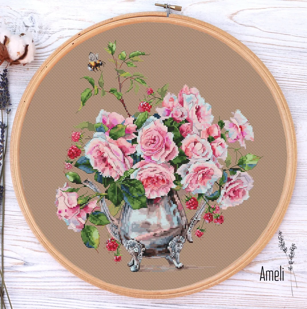 Rose and Raspberry 38-42 DIY needle work Cross Stitch Set Counted Cross Stitch Kit  28ct 14ct 32ct Metallic aida