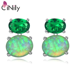 CiNily Fire Opal Stone Stud Earrings Silver Plated Large Oval Green Quartz Earring Bohemia Boho Spring Jewelry Gifts Women Girls