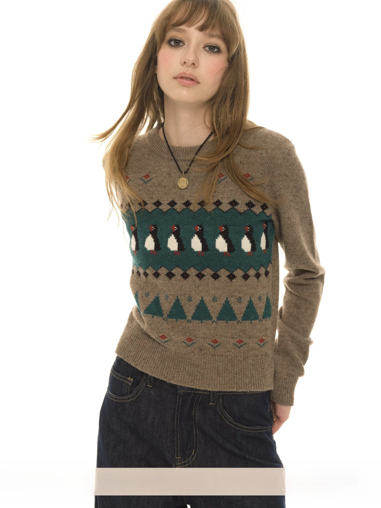 

UNRETRO Women's Slim Fit Knitwear round Ne Wool Blend Coffee Color Tka round Ne Sweater Autumn New Island Sle Sweater