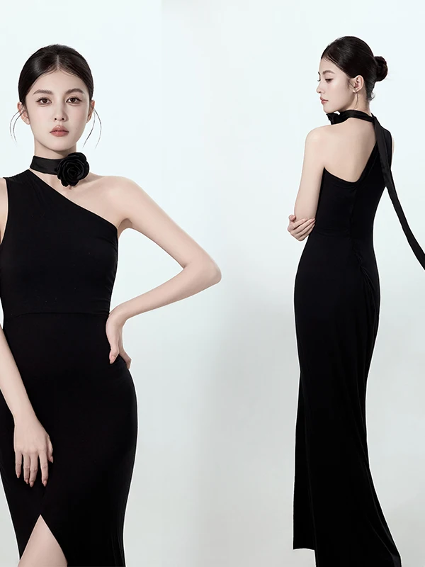 Black Slimming Waist Dress for Women Art Photo Studio Retro Style New Arrival Autumn 2025 Stage Costume Ethnic Wear