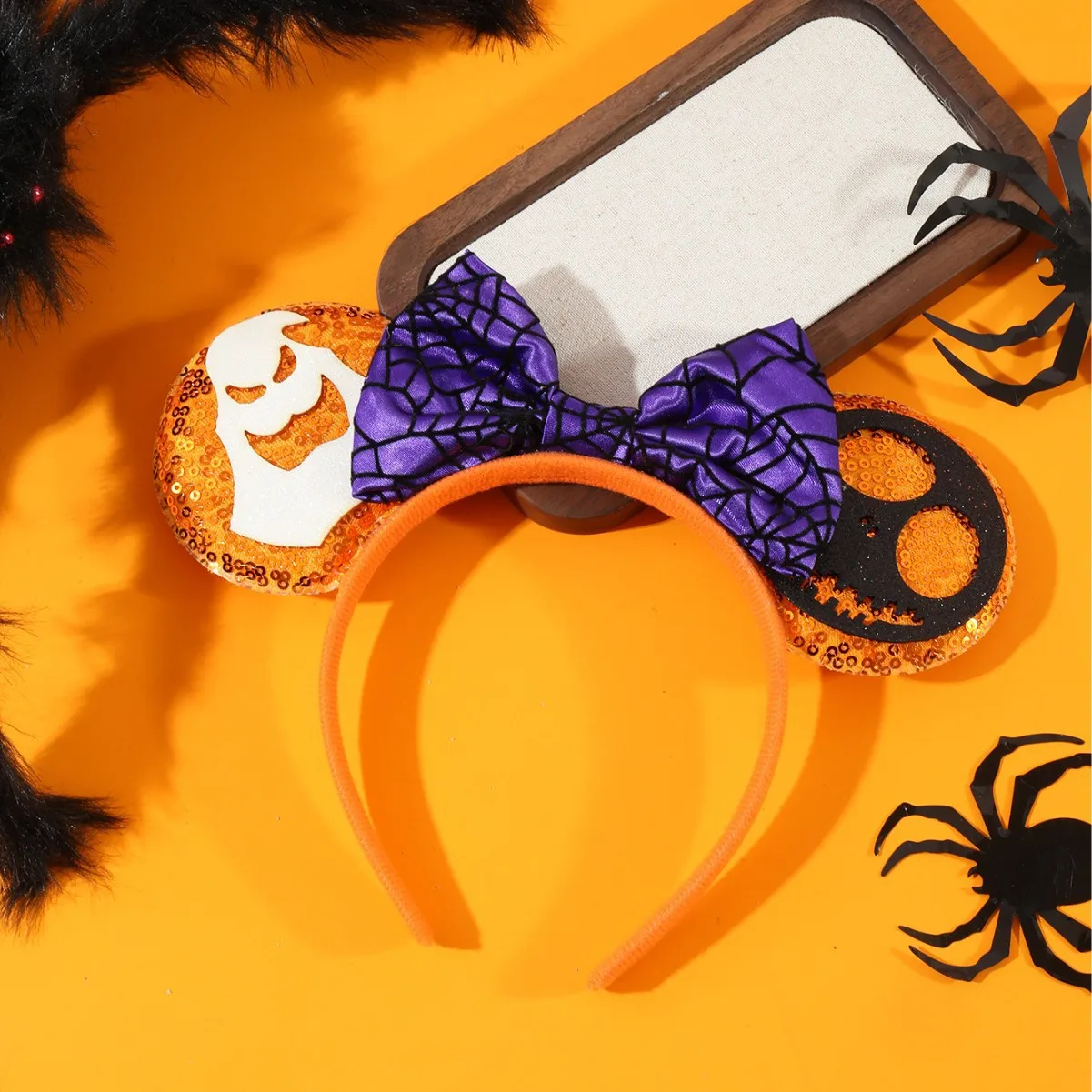 Miniso 할로윈 프린트 거미줄 호박 Screwt 귀여운 Q 버전 미키 귀 활 머리띠 헤어 액세서리