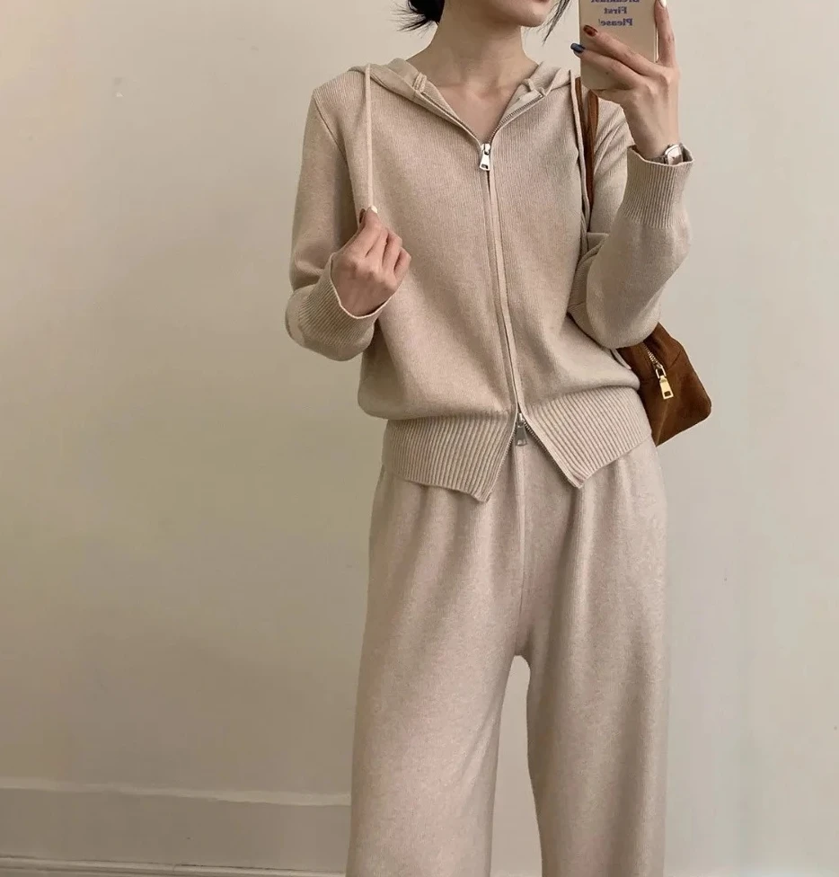 

Толстовка с широкими брюками, костюм на осень и зиму, женский элегантный однотонный мягкий свободный вязаный кардиган, куртка, комплект прямых брюк