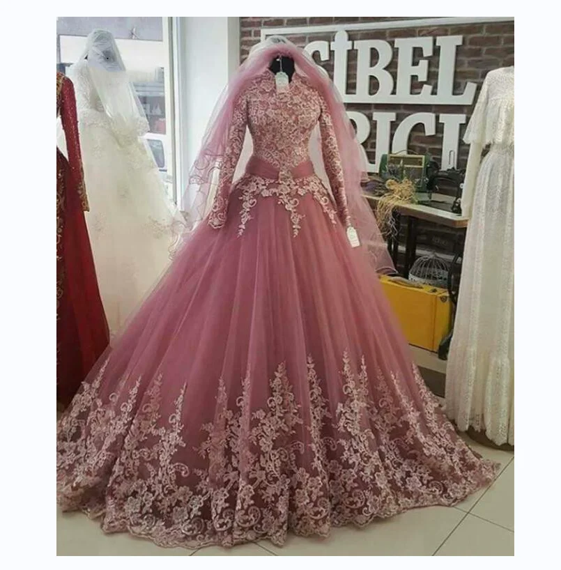 Haute Couture gaun pengantin bordir lengan panjang merah muda dengan Tulle leher tinggi panjang lantai gaun pengantin dipesan gaun pernikahan