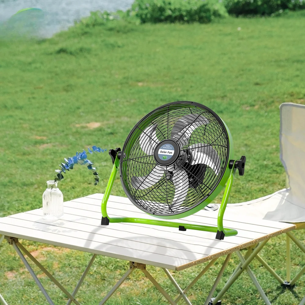 Outdoor portable solar fan adjustable rechargeable 12v dc solar 12 inch table fan