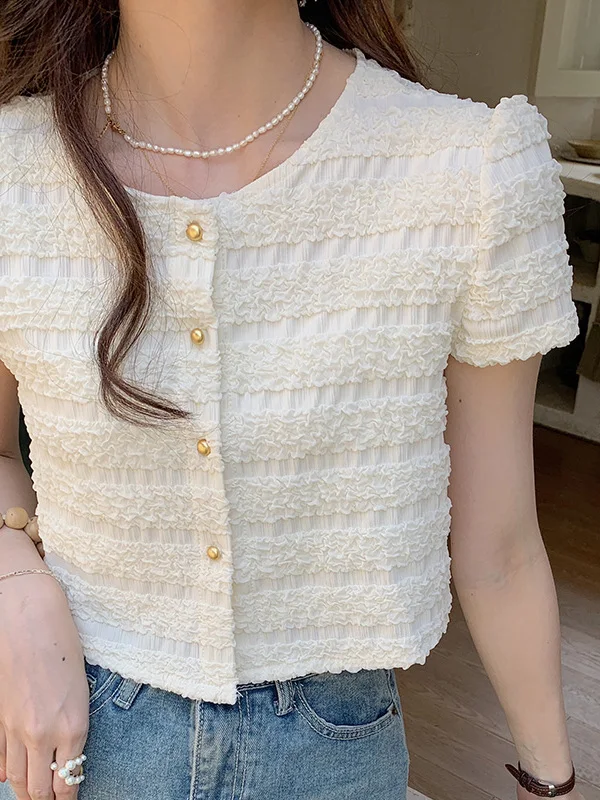 

Summer New Women's Versatile Heavyweight Fabric Short Sleeve Shirt round Neck Single Button Pure Color Short Length Casual Style