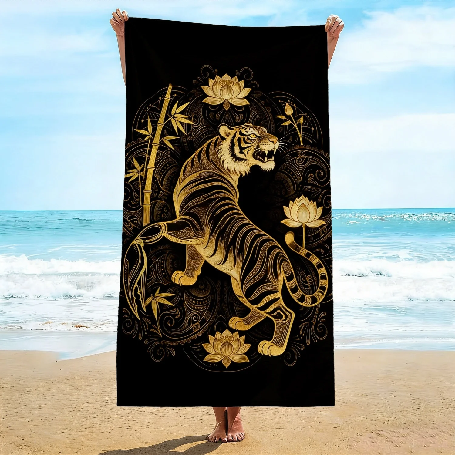 Golden Tiger Beach Towel, Black Lotus Bamboo Print, Oriental Art Design, Quick Dry Microfiber, Gift for Wildlife Lovers