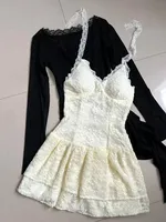 Autumn Winter Korean Sweet Women Outfits Y2k 2000s Long Sleeve Tops + Coquette Ballet Core Lace Mini Dress Elegant 2 Piece Sets