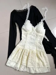 Autumn Winter Korean Sweet Women Outfits Y2k 2000s Long Sleeve Tops + Coquette Ballet Core Lace Mini Dress Elegant 2 Piece Sets