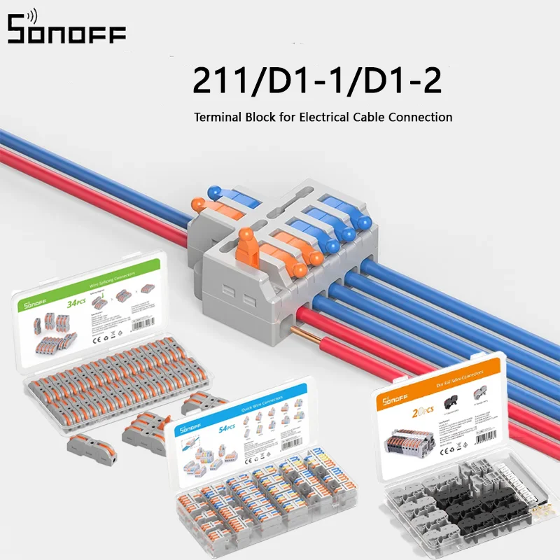 

SONOFF Din Rail Wire Connector 211/D1-1/2 Universal Compact Terminal Block Push-in Multi-Purpose For Electrical Cable Connection