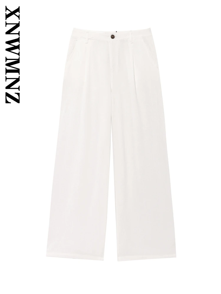 

XNWMNZ 2025 Summer New Woman Chic Button High Waist Bottoms Elegant Female Long Pants Ruffles Loose Fit Pockets Wide Leg Pants