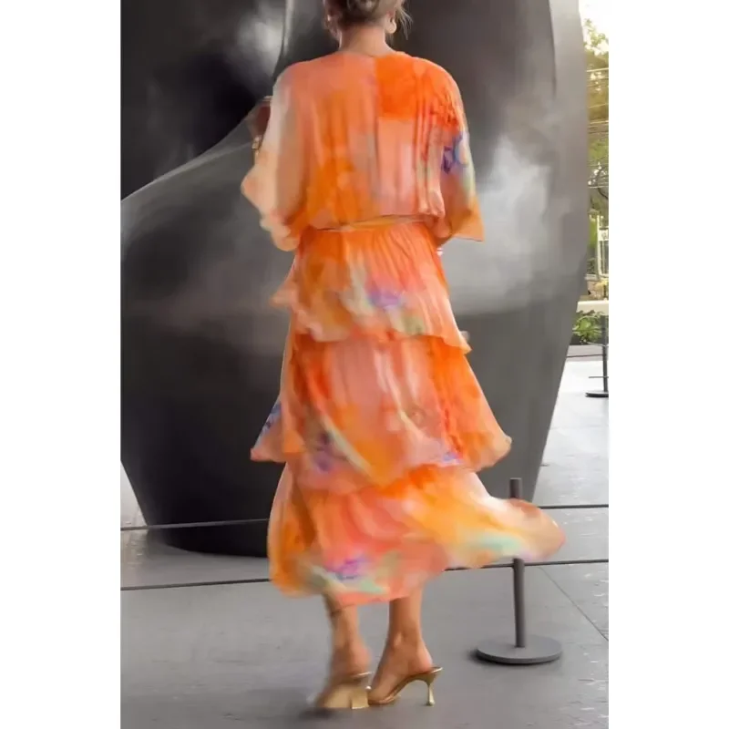 Verão novo elegante vestido de chiffon feminino moda impresso com decote em v manga curta em camadas plissado solto rendas saia longa
