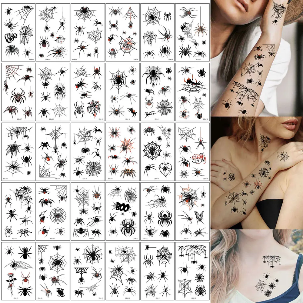 30pcs Spider Web Tattoo Stickers For Halloween Party Waterproof Halloween Temporary Tattoos For Kids Women Men Face Body Makeup