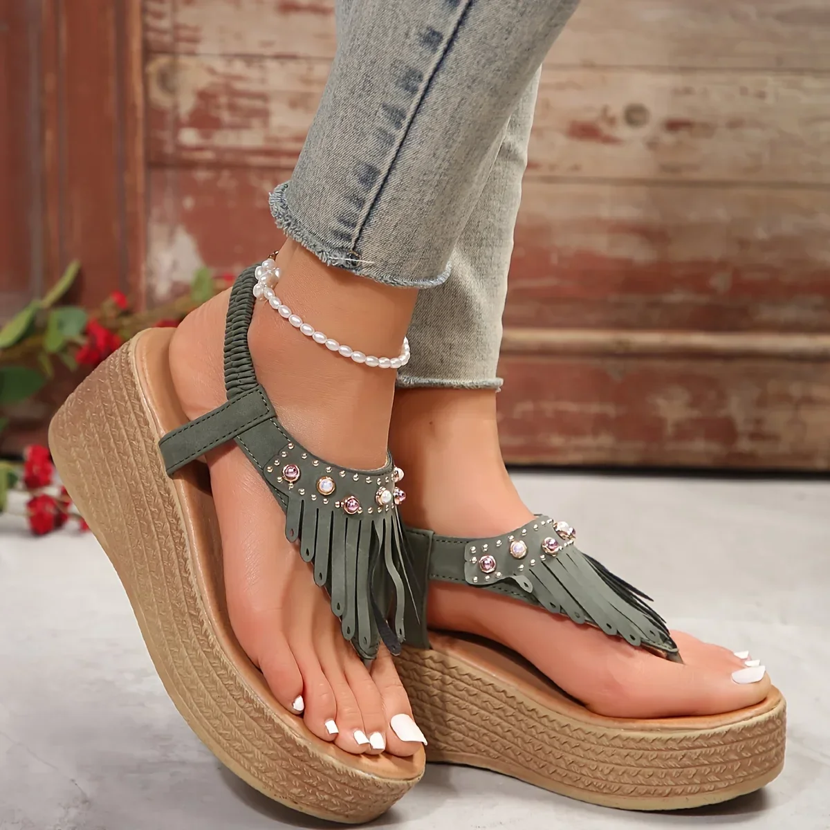 Women Wedges Sandals 2024 Summer Flip Flop Shoes Women Platform Shoes Bead Slip on Sandals Sexy Luxury Designer Sandals De Mujer