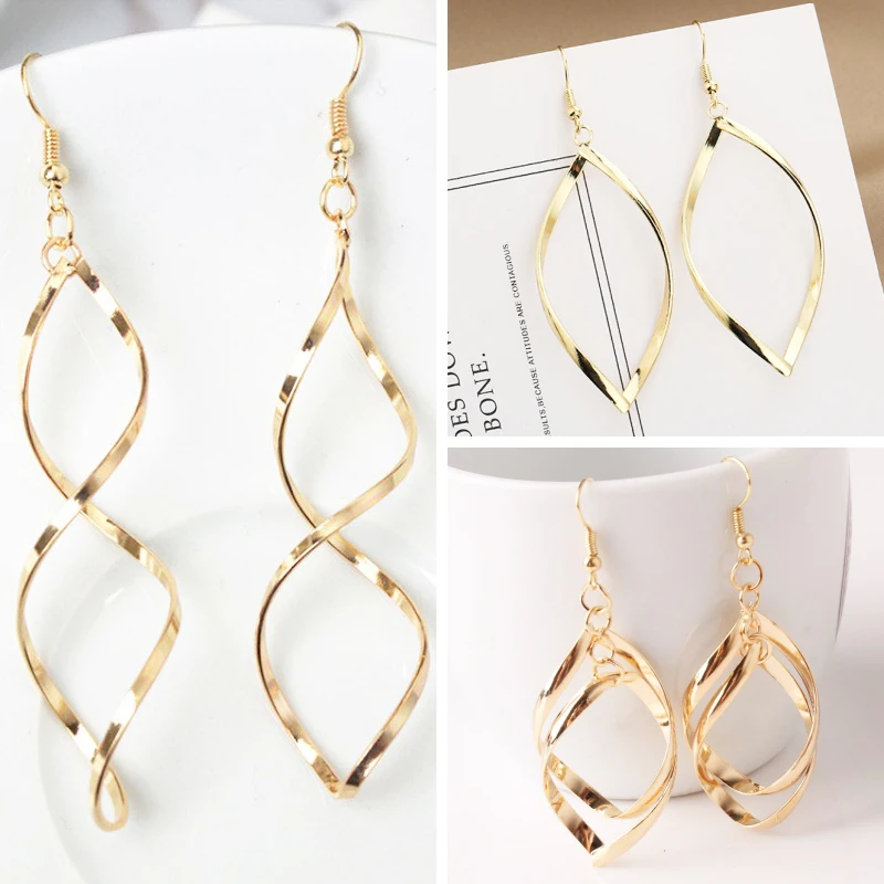 New Spiral Women\'s Hook Earrings Hollow Twist Geometric Statement Long Hanging Earrings Wraped Oval Metal Pendants Earrings